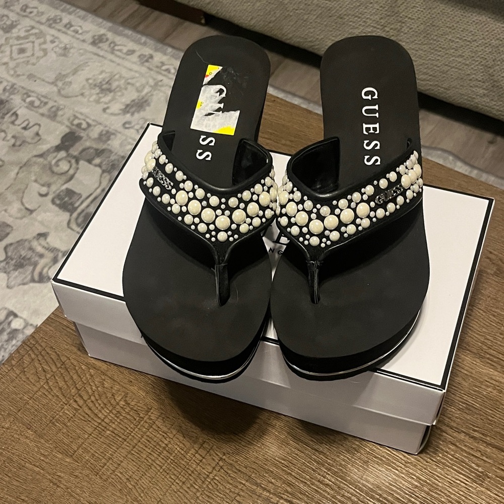GUESS Black Sandals with White Accents